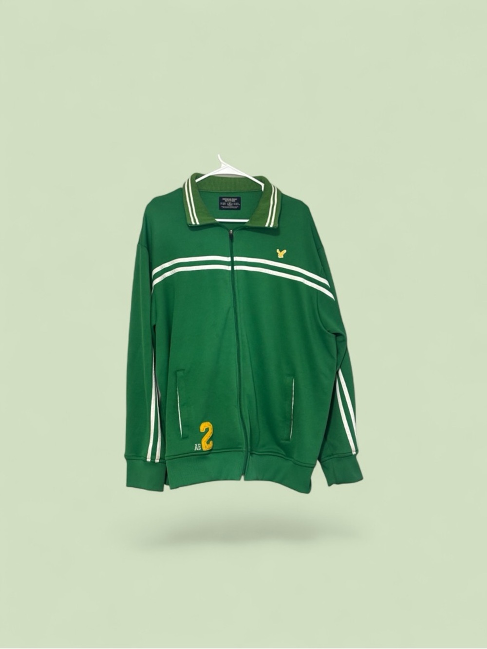 Stylish American Eagle Green Track Jacket with White Stripes Yellow Letters